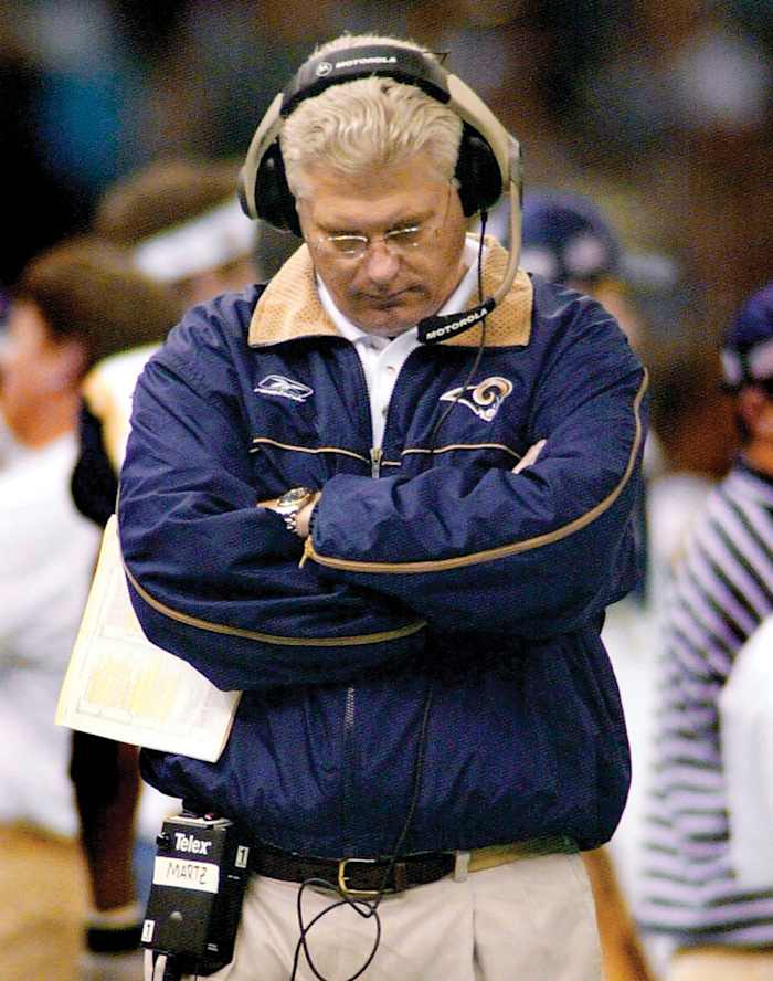 ST. LOUIS’S ARC Martz (above) and the Rams lost two years after they tackled Dyson one yard short (below).
